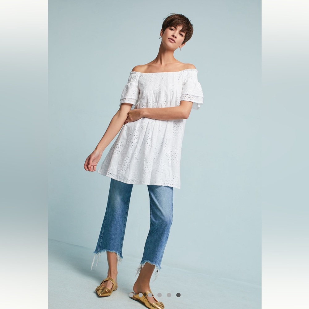 J.O.A. Carter Off-The-Shoulder Swing Dress – White, Eyelet – Size M
